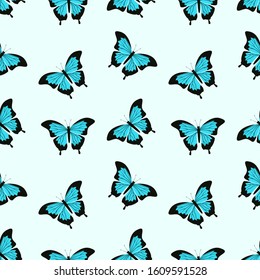 bright blue tropical butterflies seamless pattern background