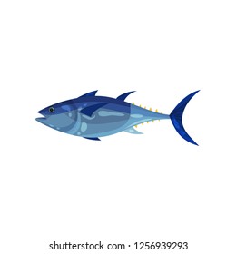 Bright blue tuna, side view. Predatory fish. Sea animal. Marine creature. Seafood theme. Detailed flat vector icon