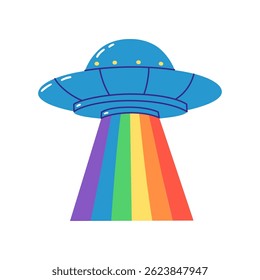 Bright blue UFO with vibrant rainbow beam. Hand drawn vector illustration.