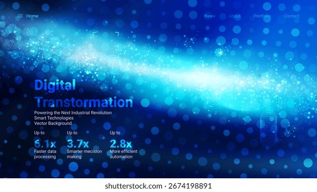 El fondo de Vector azul brillante muestra el concepto de transformación digital con Elementos que destacan un procesamiento de datos más rápido y una automatización eficiente, haciendo hincapié en las tecnologías avanzadas.