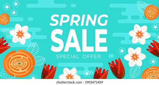 Bright blue vector background with white narcissus, red tulips and orange ranunculus flowers in flat style. Perfect  for springs sale, Easter and 8 march women day advertisement.