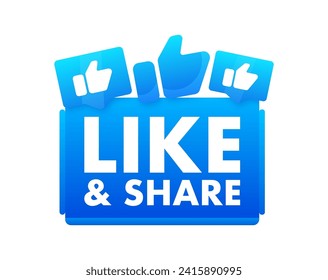 Bright blue vector graphic for social engagement with Like Share encouragement, featuring thumbs up icons for digital marketing and online