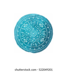 Bright blue vector  hand drawing watercolour smear with white ornament
