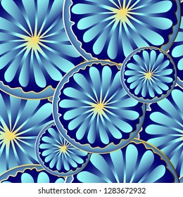 Bright blue vector seamless pattern hand drawn gradient abstract flowers in golden outline . Background for textile, wallpaper, wrapping, cover page, web site, card, carton, print, banner.