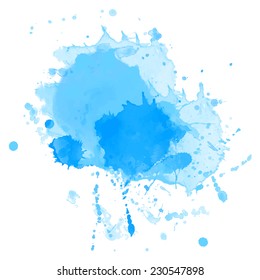 Bright blue vector watercolor splash with drops and stains.