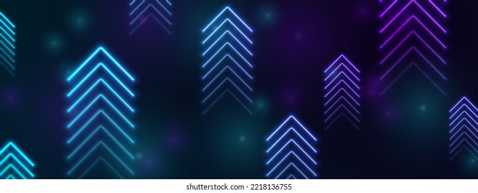 Bright blue violet abstract neon arrows tech banner design. Futuristic laser sci-fi vector background