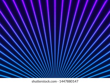 Bright blue and violet neon laser rays tech futuristic design. Hi-tech lines retro abstract background. Vector illustration