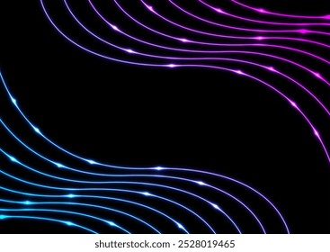 Bright blue and violet neon wavy lines abstract shiny retro background. Futuristic glowing vector design