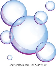 Bright blue and violet soap bubbles isolated on white background close up