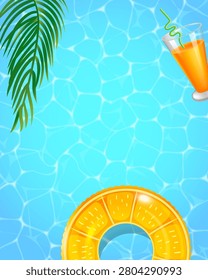 Bright blue water ripples gently beneath sunlit surface. Tropical leaf drifts near edge of refreshing pool. Juicy orange drink floats in tall glass with green straw