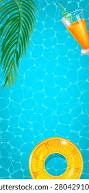 Bright blue water ripples gently beneath sunlit surface. Tropical leaf drifts near edge of refreshing pool. Juicy orange drink floats in tall glass with green straw