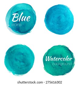 Bright blue watercolor painted vector stains set - stock vector.