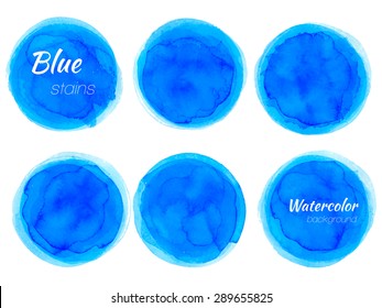 Bright blue watercolor painted vector stains set - stock vector