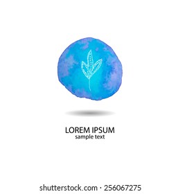 Bright blue watercolor vector circle with white contour tree leaf and place for your text. Vector design element.