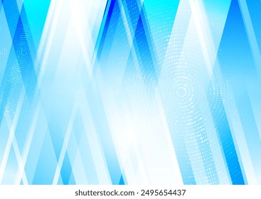 Bright blue and white glossy stripes and round halftone dots abstract geometry background. Retro technology vector design