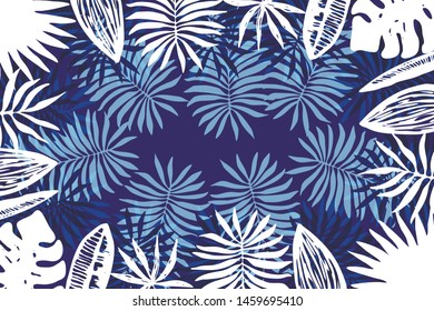 Bright blue and white horizontal background with hand drawn overlapping tropical leaves with copy space center. Contrast exotic border for summer greeting cards, banner design, wedding invitation