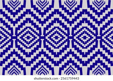 Bright Blue and White Pixel Diamonds: Retro Geometric Design for Fashion Textiles and Bold Home Decor.  Seamless Ethnic Pattern