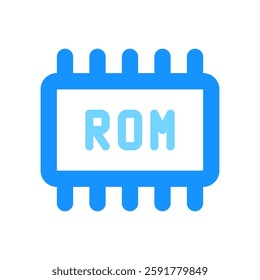 A bright blue and white ROM chip icon depicts computer memory technology, perfect for illustrating data storage or IT concepts.