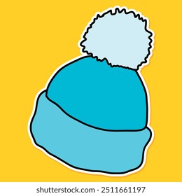 Gorro de inverno azul brilhante com branco Pom-Pom Vetor ilustração no fundo amarelo
