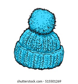 Bright blue winter knitted hat with pompon, sketch style vector illustrations isolated on white background. Hand drawn woolen hat with a big fluffy pompom, winter accessory