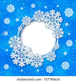 Bright blue winter round frame with snowflake decoration. Vector illustration