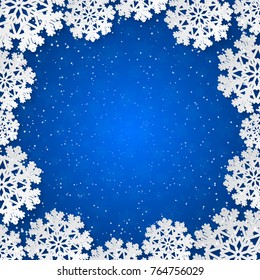 Bright blue winter square frame with paper cut out snowflake decoration. Vector illustration