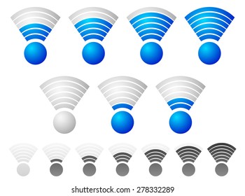 Bright blue wireless signal strength indicator set with grayscale, monochrome version included.