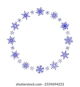 Bright blue wreath or frame of snowflakes, simple cartoon geometric design element