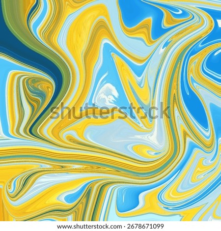 Bright blue and yellow abstract fluid art with swirling marble texture, vibrant modern digital background for creative projects and decoration.