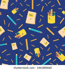Bright blue and yellow back to school design with pencils, notebooks and rulers. Seamless vector pattern on dark blue background. Great for children, preschool, kindergarten, school , stationery