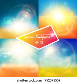 Bright blue, yellow, green and white summer backgrounds. Shiny suns and realistic lens flare effects. 