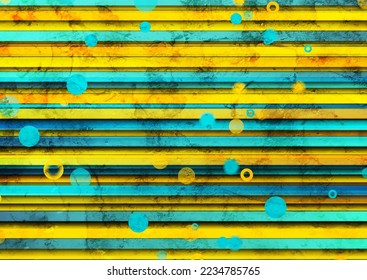 Bright blue yellow grunge tech background with stripes and circles. Geometry vector design