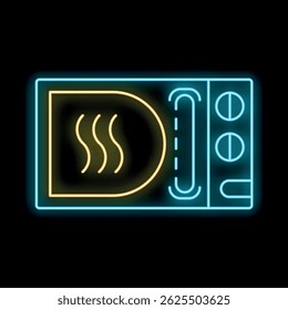 O micro-ondas azul brilhante e amarelo neon está brilhando sobre um fundo preto