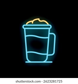 Bright blue and yellow neon sign showing a takeaway coffee cup with whipped cream on black background