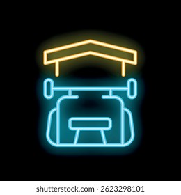 Bright blue and yellow neon sign of a cable car is glowing on a black background