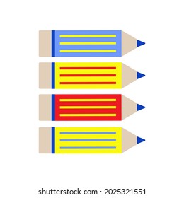 Bright Blue, yellow, red pencil on white background. Bright school poster. Stationery for students and teachers. Education design concept. Vector illustration