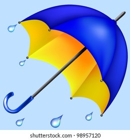 Bright blue and yellow umbrella and rain