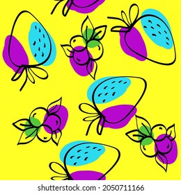 Bright Blueberry Vector Yellow Seamless Pattern. Cartoon Strawberry Illustration. Color Berry Drawing Print.