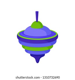 Bright blue-green plastic whirligig, Traditional spinning top. Children toy. Kids leisure theme. Flat vector icon