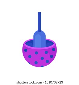 Bright blue-purple plastic humming top with polka dot pattern. Vintage spinning top. Children toy. Flat vector icon