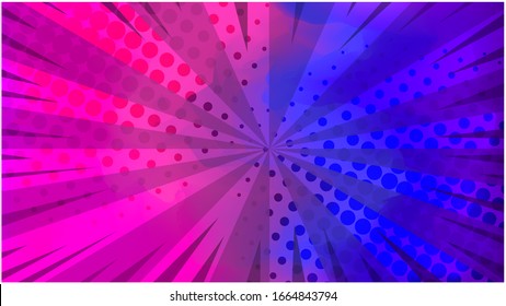 Bright Blur Blue And Pink Glitch Gradient Retro Comic Background. Contrast Rose And Purple Sky Texture With Stripes And Half Tone Pattern For Comics Book, Wallpaper, Background, Cover, Surface