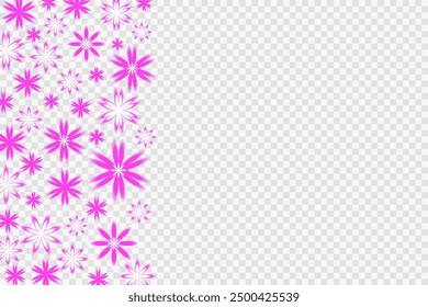 Bright blur daisy romantic flowers on transparent background. Purple floral blossom of pink chamomile vector illustration. Design template for greeting card, poster, backdrop, certificate