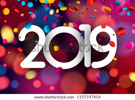 Bright blurred 2019 New Year card with colorful confetti. Vector background.