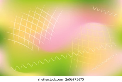 Bright blurred background with light wavy lines and space for copying. Horizontal editable background bright spring morning colors. Gradient mesh green, yellow and pink clouds