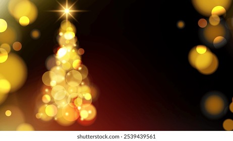 Luces bokeh borrosas brillantes y árbol de navidad. Efecto de luces brillantes desenfocadas vibrantes. Plantilla festiva. Ilustración vectorial.