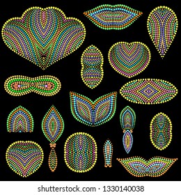 Bright bohemian ethnic cliche with dots and decorative elements. Vector set of various ornaments, deco template. Fashion trendy print for needlework,  beading, gift, design,  for women's clothing.