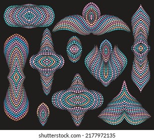 Bright bohemian ethnic cliche with dots and decorative elements. Vector set of various ornaments, deco template. Fashion trendy print for needlework, beading, gift, design, for women's clothing.