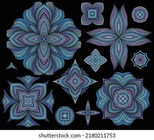 Bright bohemian ethnic cliche with dots and oriental elements. Vector set of various ornaments, deco template. Fashion trendy print for needlework, beading, gift, design, for women's clothing.