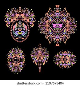 Bright bohemian ethnic cliche with paisley and decorative elements. Vector set of various ornaments, deco template. Oriental trendy print for decoration, gift, design,  for women's clothing.