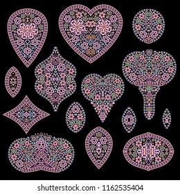 Bright bohemian ethnic cliche with paisley and decorative elements. Vector set of various ornaments, deco template. Oriental trendy print for decoration, gift, design,  for women's clothing.